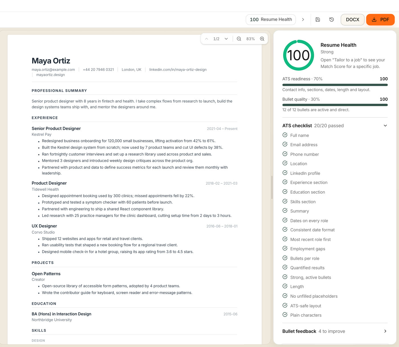 A CV next to an ATS checklist covering contact details, sections, dates, layout and bullet quality, with 20 of 20 checks passed