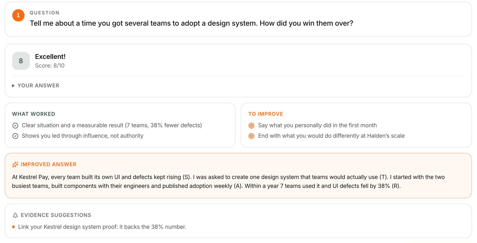 A practice answer scored 8 out of 10, with what worked, what to improve, and a rewritten answer labelled with S, T, A and R