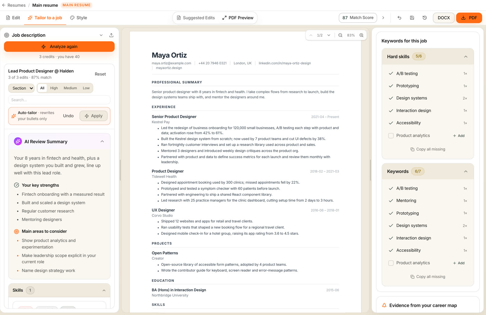 A CV in the Applyd editor after tailoring, with a match score of 87 and the job's keywords ticked off